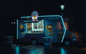 Blue food truck at night
